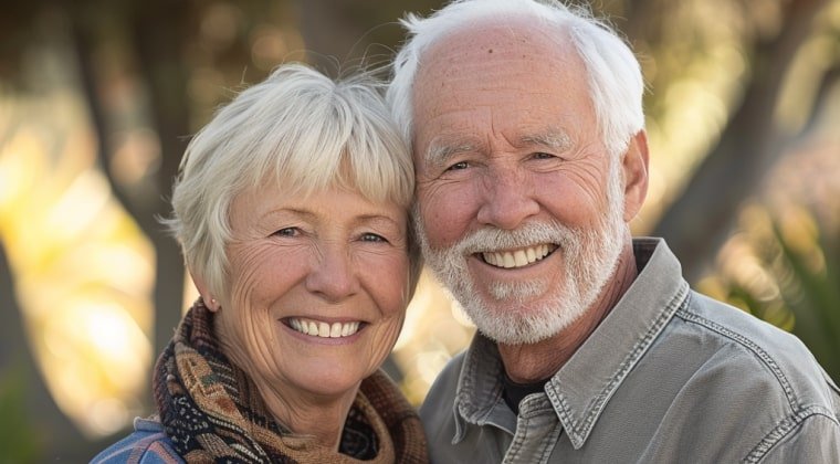 Mature couple embrace and smile after their dental treatment