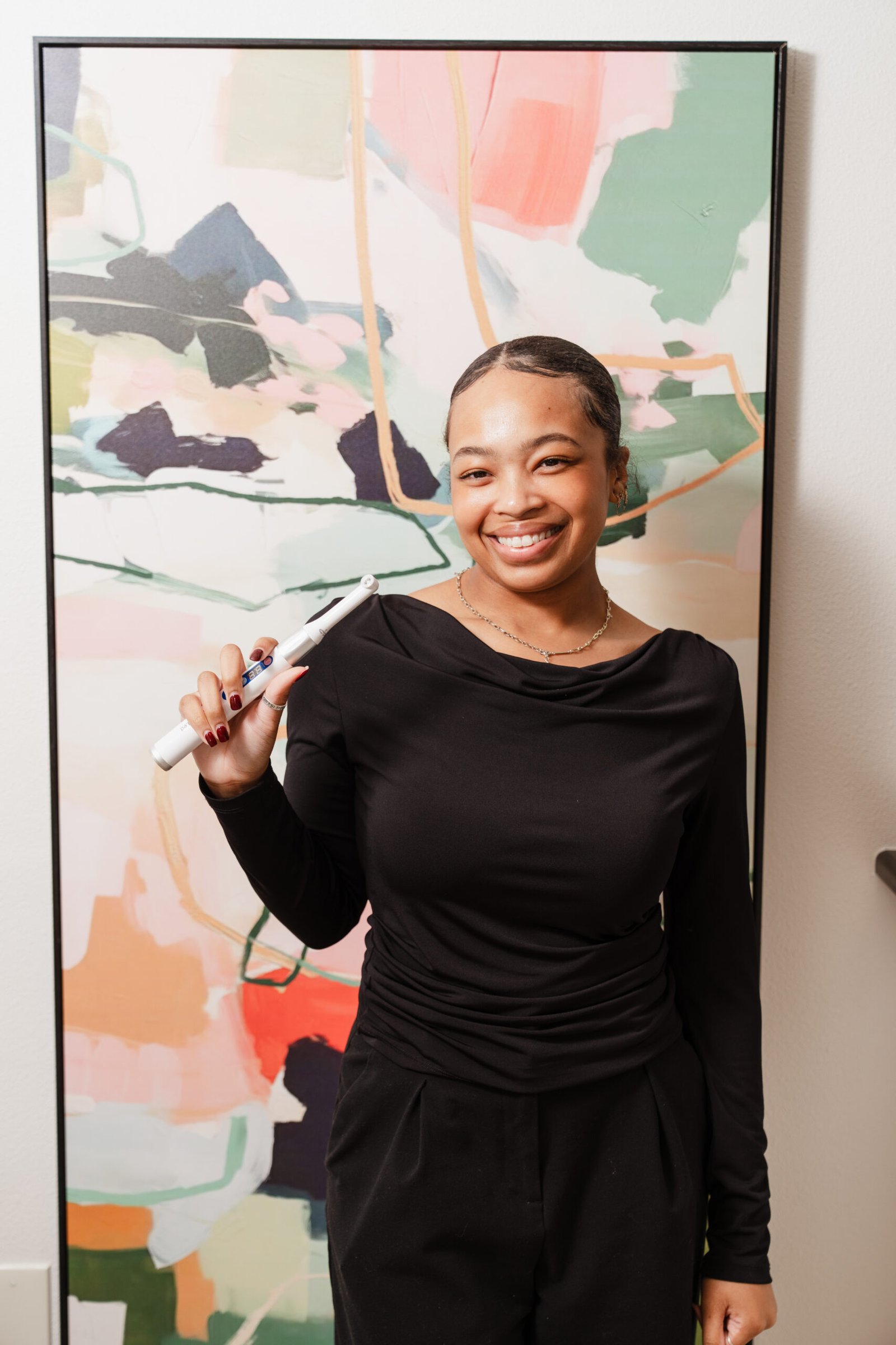 A woman is happily laughing